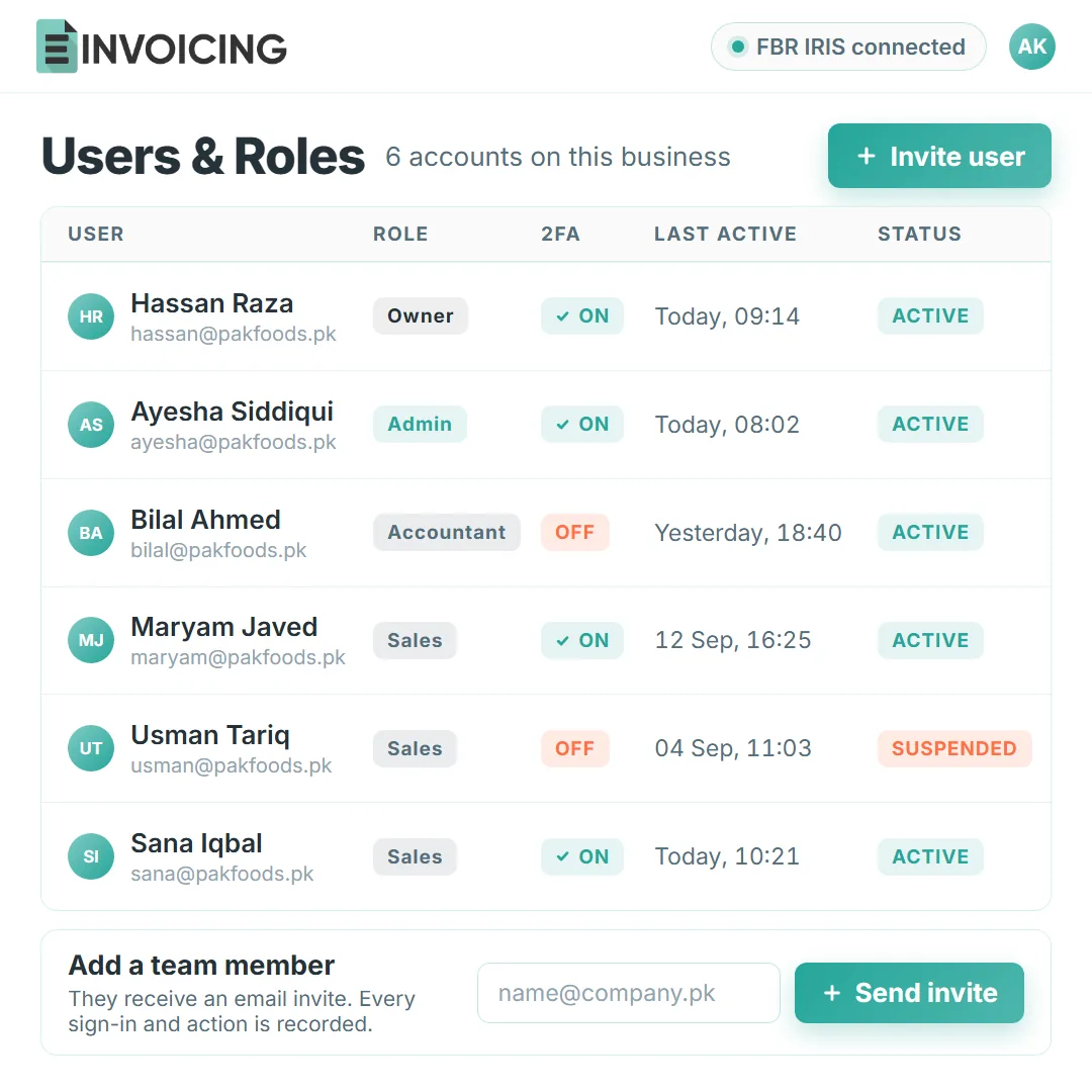 User accounts and access level settings in E-Invoicing