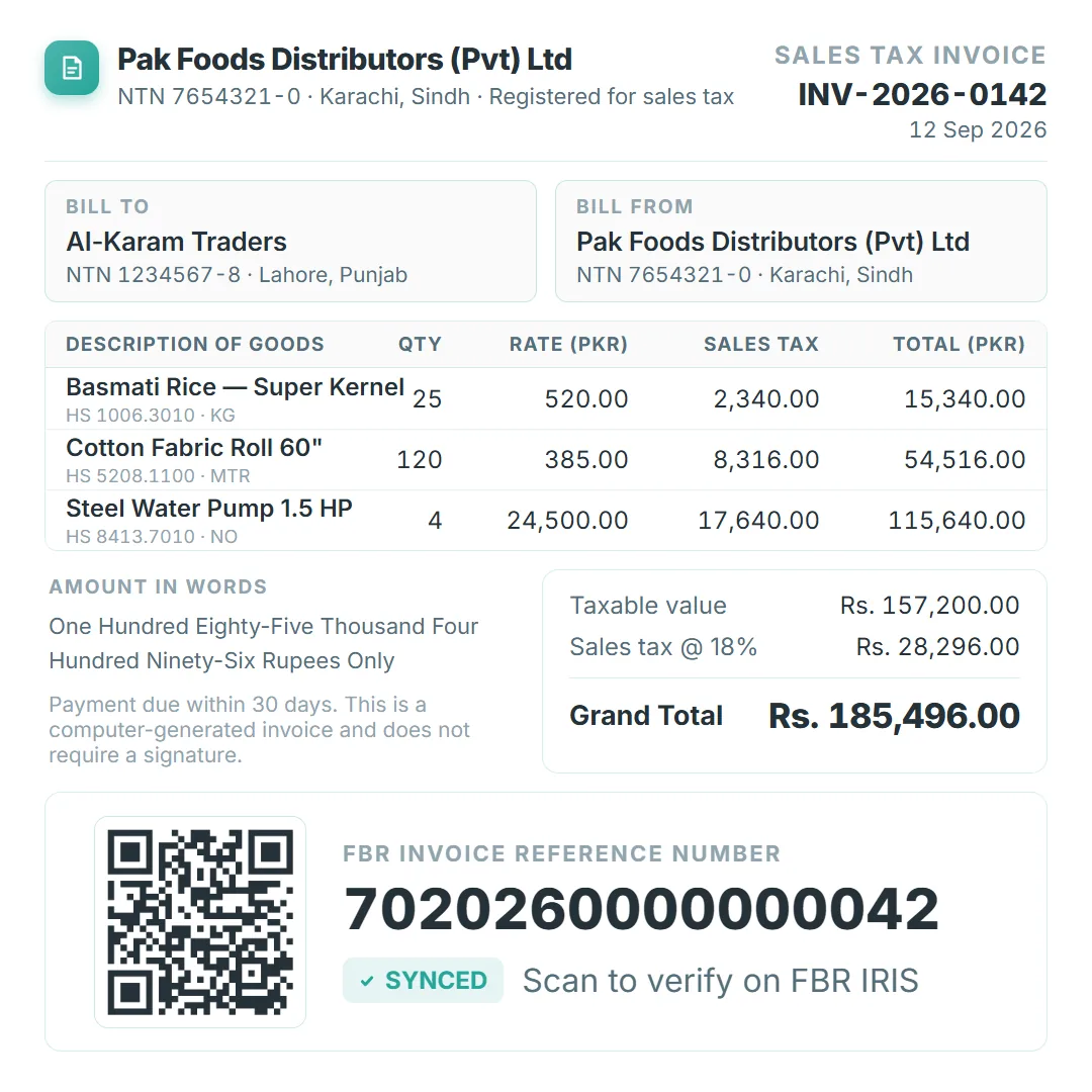 A printed sales-tax invoice with its FBR reference number and verification QR code