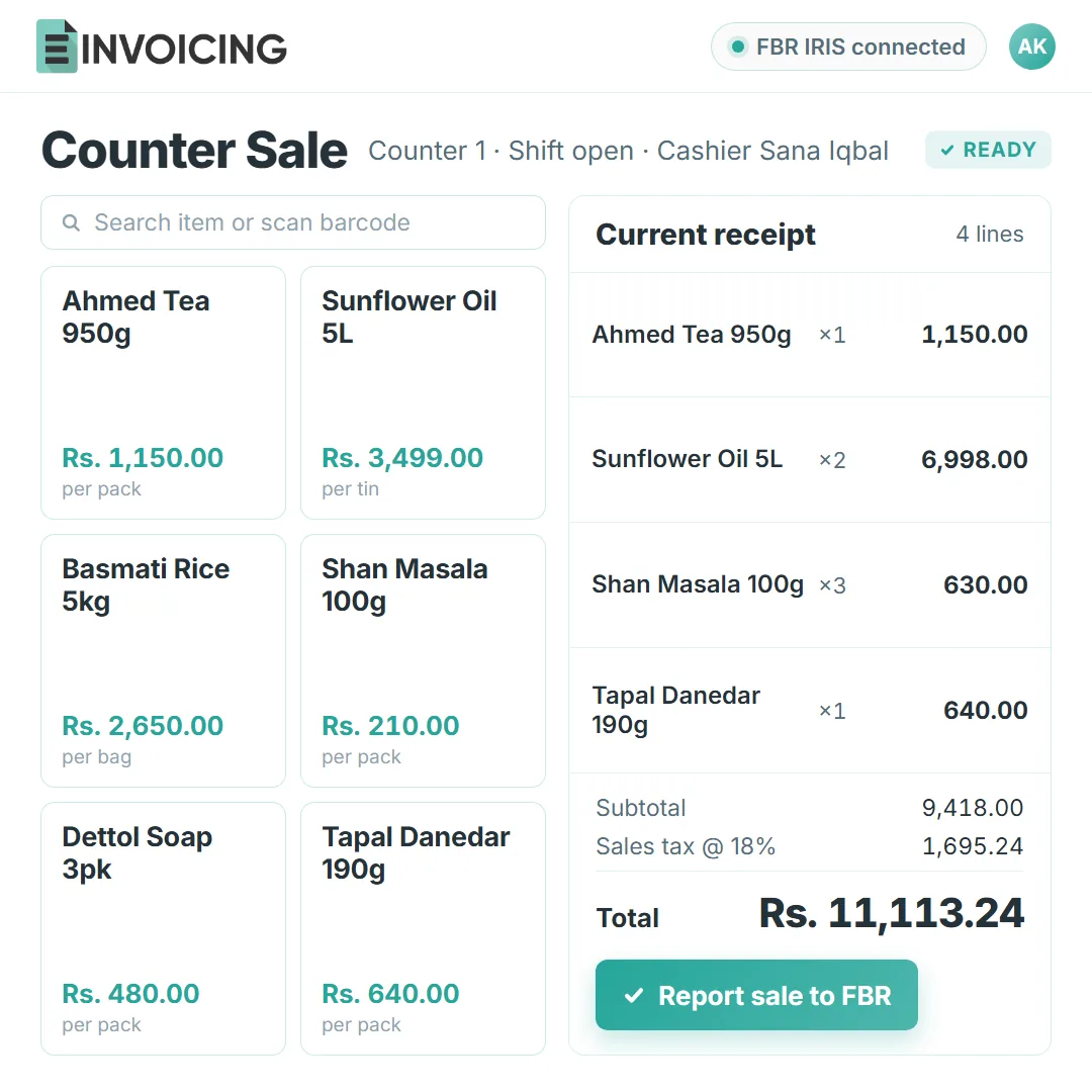 The E-Invoicing counter sale screen with quick items and the current receipt