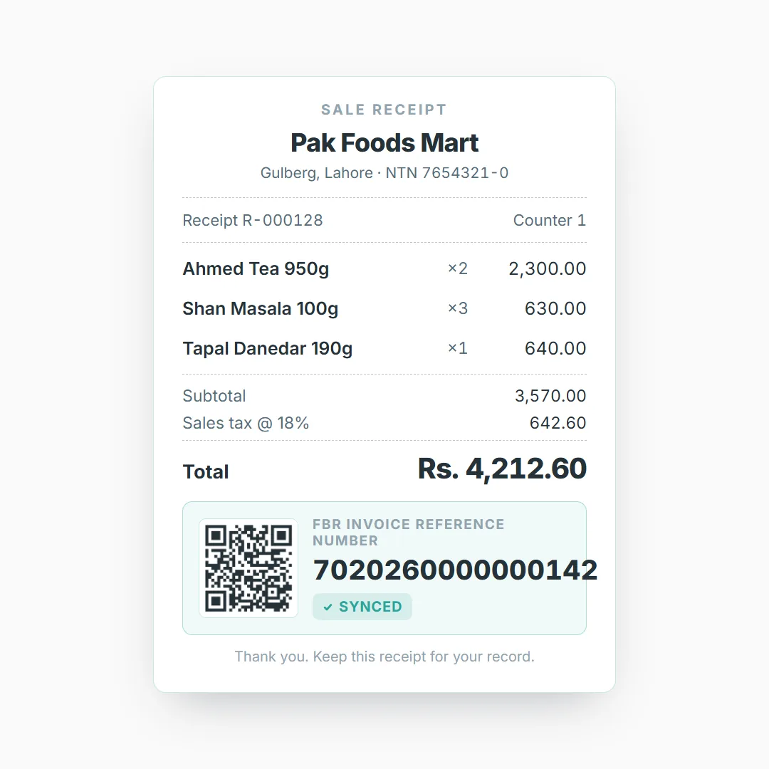 A retail sale receipt with its FBR reference number and verification QR code