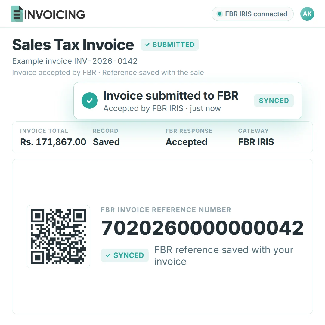 The E-Invoicing invoice list with an accepted FBR sales-tax invoice and its reference number